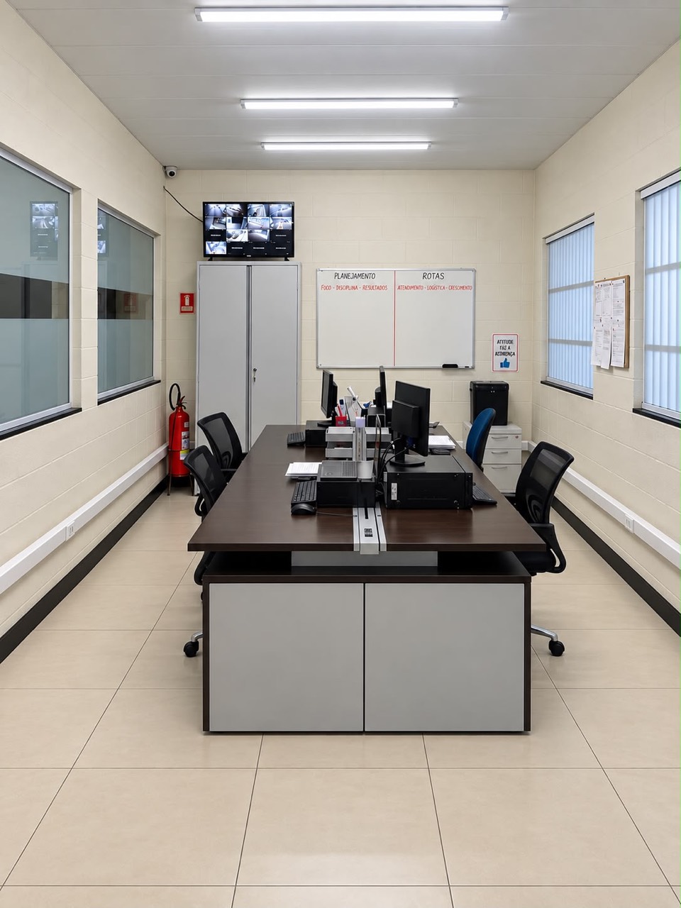 Escritório operacional da Dbosco, com estações de trabalho e quadro de planejamento de rotas