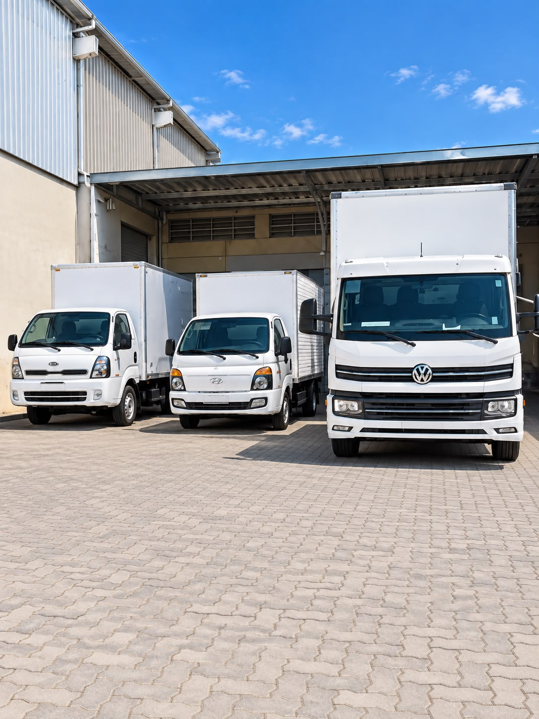Três caminhões de entrega em frente ao galpão